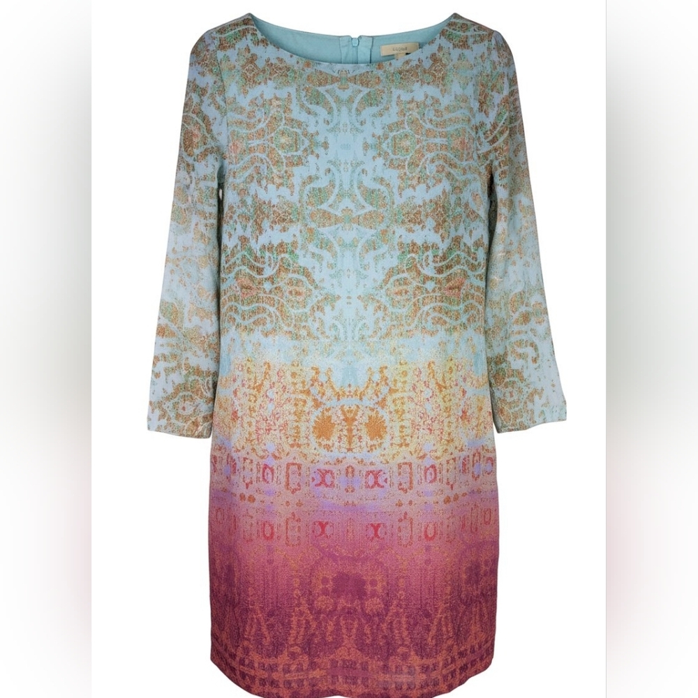 Maeve Ombre Patterned Long Sleeve Dress in Light Blue, Gold, Pink and Purple